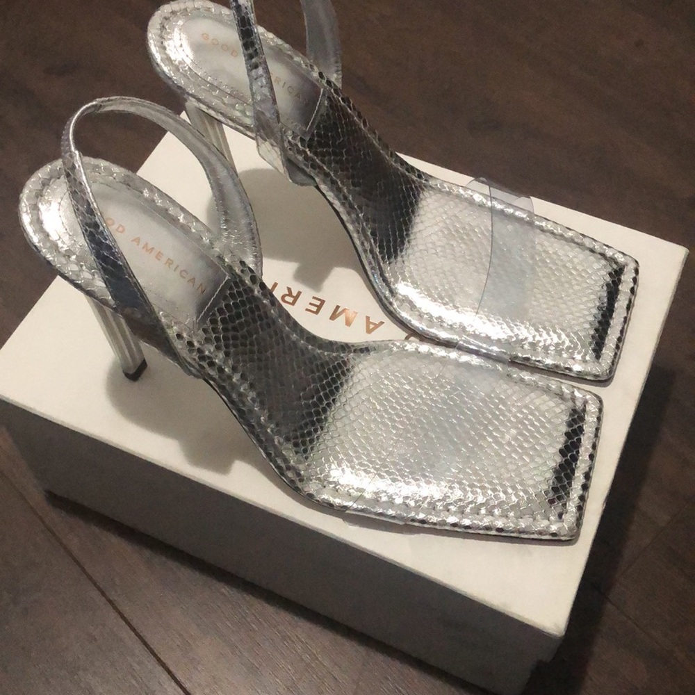 Good American Silver High-Heel Sandals in size 12 Brand New